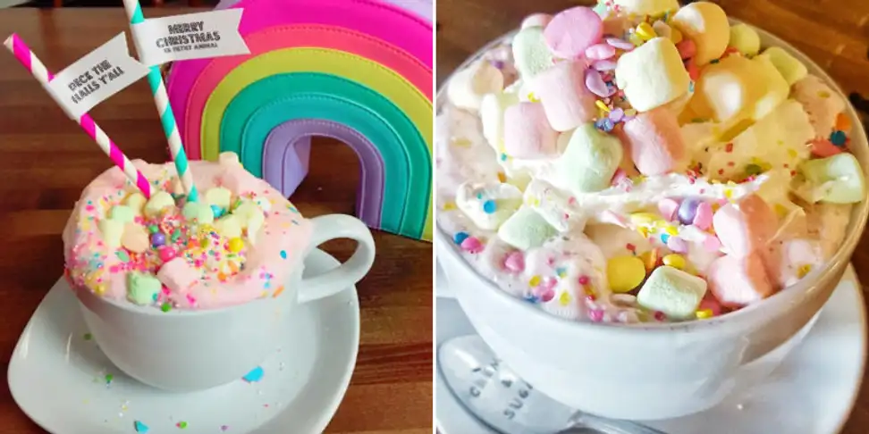 Unicorn hot chocolate is the most glittery beverage you'll ever drink.