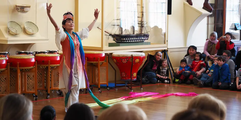 A Chinese ribbon dancer performs at the Peabody Essex Museum in Salem, Massachusetts.