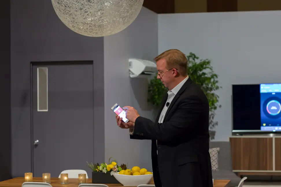 SmartThings CEO Alex Hawkinson controlling a mock SmartThings home from his smartphone