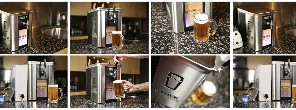 A collage of the Synek craft beer dispenser.