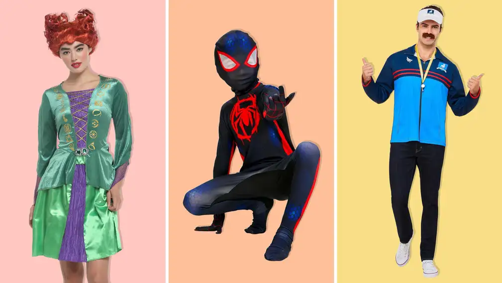 Winifred Sanderson, Spider-Man, and Ted Lasso costumes on a pink, orange, and yellow background.