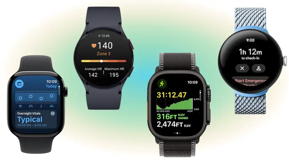 Four smart watches on a green glowing background