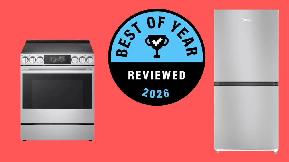 A red background with product images of an oven and refrigerator