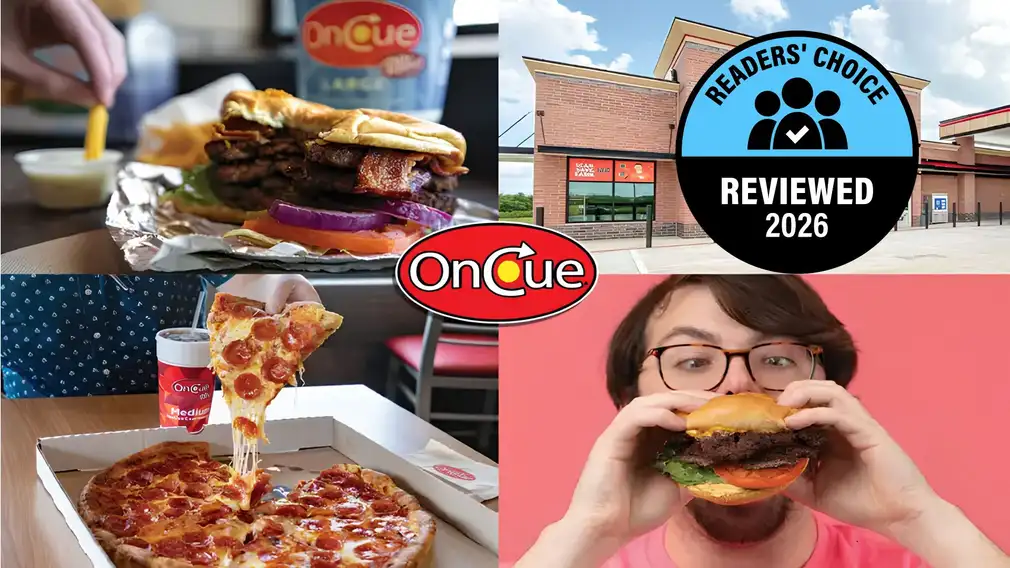 A collage of OnCue food and locations including a double bacon burger, a pepperoni pizza, a store exterior, and a person biting into a cheeseburger, with the OnCue logo and a Readers' Choice Reviewed 2026 badge.