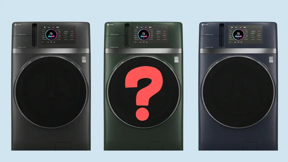 Three washer dryer combos on a blue background with a red question mark