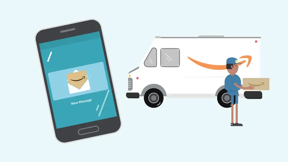 a cartoon of a phone on the left shows an amazon delivery message while the image on the right shows a cartoon delivery truck and amazon delivery driver