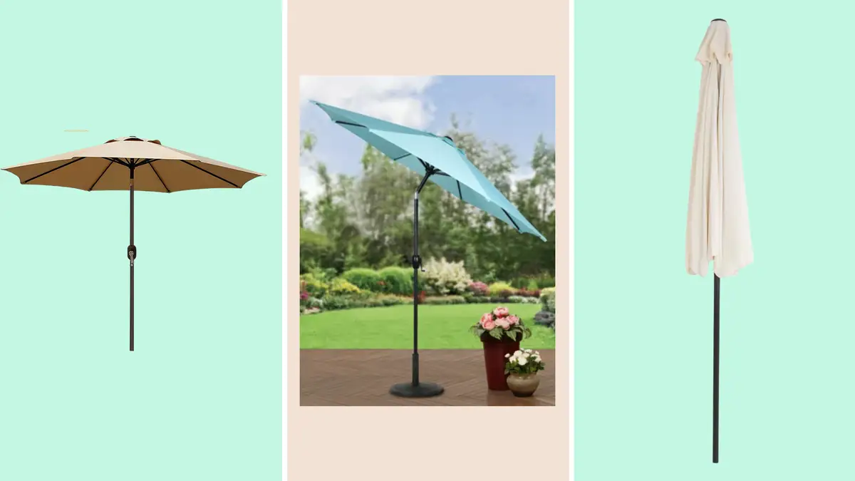 electrical patio umbrellas around elizabethtown ky JOYESERY 7.5 ft. Solar LED Patio Umbrellas With Solar Lights and Tilt Button Market Umbrellas, Navy Blue