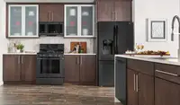 Black stainless steel appliances in a kitchen with wood cabinetry
