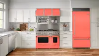 Bold new appliance finishes like BlueStar's Living Coral give kitchens a lift