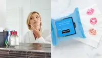 A photo of a woman removing her makeup next to a photo of Neutrogena Makeup Remover Cleansing Towelettes.