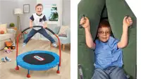 Little boy jumping on trampoline and a boy in an inflatable peapod
