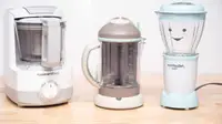 Three different baby food makers sit on a kitchen counter.