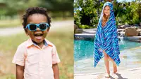 Kids wearing Babiators glasses and UVSkinz towel