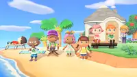 A group of friends stand on a beach in Animal Crossing: New Horizons.
