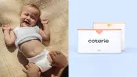 On the left: a baby laying on his back wearing diapers. On the right: A package of Coterie diapers on a blue background.