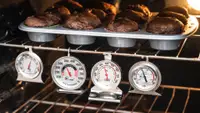 Four of the best oven thermometers Reviewed tested hang inside an oven under a tray of chocolate muffins.