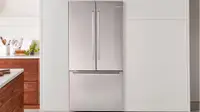 A vanity shot of the Bosch B36CT80SNS French-door refrigerator installed in an upscale kitchen.
