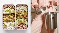 Food in containers and a compost bin.