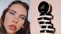 On the left: A young person stares directly at the camera while wearing lip gloss and a thick line of eyeliner with rhinestones stuck to it. To the right, a stack of six E.L.F. Cosmetics Poreless Putty Primers stands against a light pink background. The top primer faces out toward the camera. Each product has a clear container with a black lid.