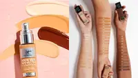 On the left: The It Cosmetics Your Skin But Better Foundation + Skincare lays on a pink background with swatches of four different shades above the bottle. To the right: Three arms of pale, medium, and dark complexions lay across a white background with swatches of the Maybelline Fit Me Matte + Poreless Liquid Foundation on their arms. Each hand holds a different shade of the foundation.