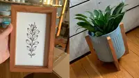 a black and white floral print inside a wooden frame, and at right, a plant grows inside a blue metal planter