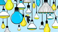 A unique illustration showing a variety of light bulbs hanging, with a woman in the center