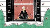 Illustration of person indoors watching cicadas fly outside of their screened-in window