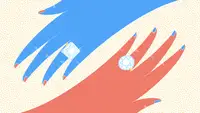 A blue hand and red hand wearing engagement rings