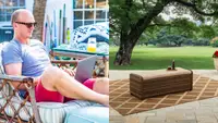 On right, man wearing sunglasses reclines in patio chair outside while working on laptop. On right, tan rectangular ottoman on top of tan and cream rug.