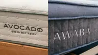 The embroidered logo and name on the Avocado Green Mattress next to the Awara mattress logo