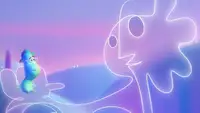 A still from _Soul_ that features Joe in his soul form speaking to one of the Jerrys.