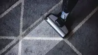 Vacuum cleaning a blue carpet