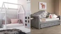 On left, white 5-in-1 convertible crib in toddler girl's bedroom. On right, gray tufted daybed in child's bedroom.