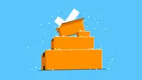Brown delivery packages in a pile against a blue background