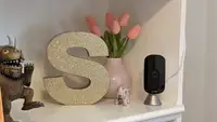 Ecobee SmartCamera next pink flowers and gold decorative letter "S," sitting on shelf.