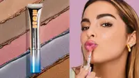 On the left: The Item Beauty Lid Glaze in its silver tube and the background is swatched with five shades of the liquid eyeshadow. On the right: Addison Rae making a kissy face and applying the Lip Quip to her lips in a pink shade.