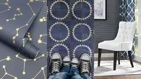 1) Blue constellation vinyl wallpaper. 2) blue and white vinyl flooring 3) a white vinyl chair.