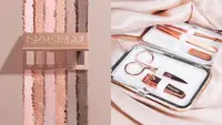 On the left: The Urban Decay Naked3 palette sitting on a rainbow of six eyeshadow swatches. On the right: Rose gold nail tools strapped inside a travel case.