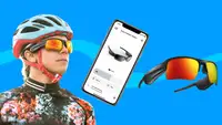 On left, person wearing Bose Frames with bike helmet on. In middle, smartphone with Bose app open. On right, Bose Frames.