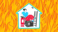 Illustration of person in a house with fire safety products surrounded by a background of fire