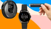 Black robot vacuum, black smart watch and hand holding a black Roku device