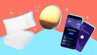 Coop Home Goods pillow, folded Linenspa comforter, Philips Wake-up Light, and Headspace app on a graphic background for Reviewed's Best of Year