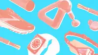 Assorted workout gear scattered in front of blue background.