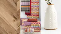 1) Close up of a wood floor in a chevron pattern. 2) Colorful throw rugs in design display. 3) Close up of a chevron-carved vase.