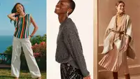 Woman wearing vest from Rowing Blazers, woman smiling iwth pearl earrings and knit sweater, woman wearing pleated skirt from Banana Republic Factory.