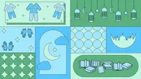 A blue and green illustration of different Ramadan activities.