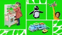 Four insert images of eco-friendly toys and children playing with them.