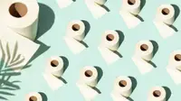 Lines of toilet paper on a pastel green surface.