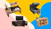 Wooden TV console, wooden kitchen island on wheels, computer desk and ottoman seat.
