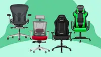 Two office chairs and two gaming chairs against a green background.